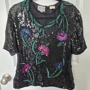 Stenay Black Sequin Blouse with Floral Accents